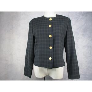 Vintage Jos A Bank Blazer Womens 8P Black Watch Plaid Wool Gold Buttons USA Made